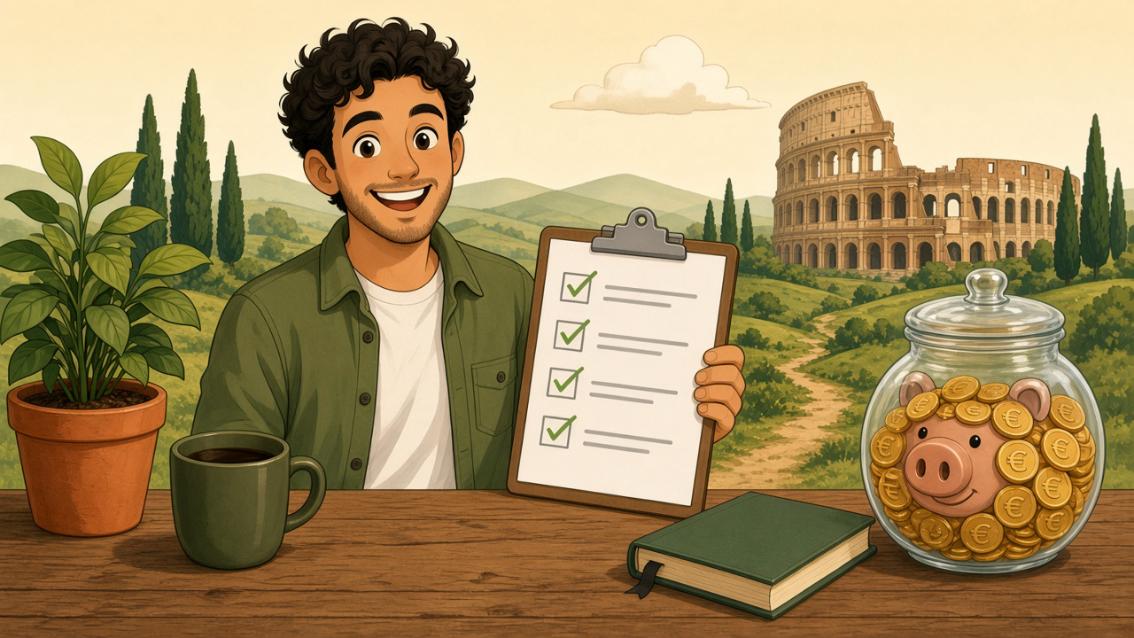 Cartoon illustration of a smiling man at a wooden desk holding a clipboard of green checkmarks, beside a euro-coin savings jar with the Colosseum behind him — Italy digital-nomad income checklist, no brand marks