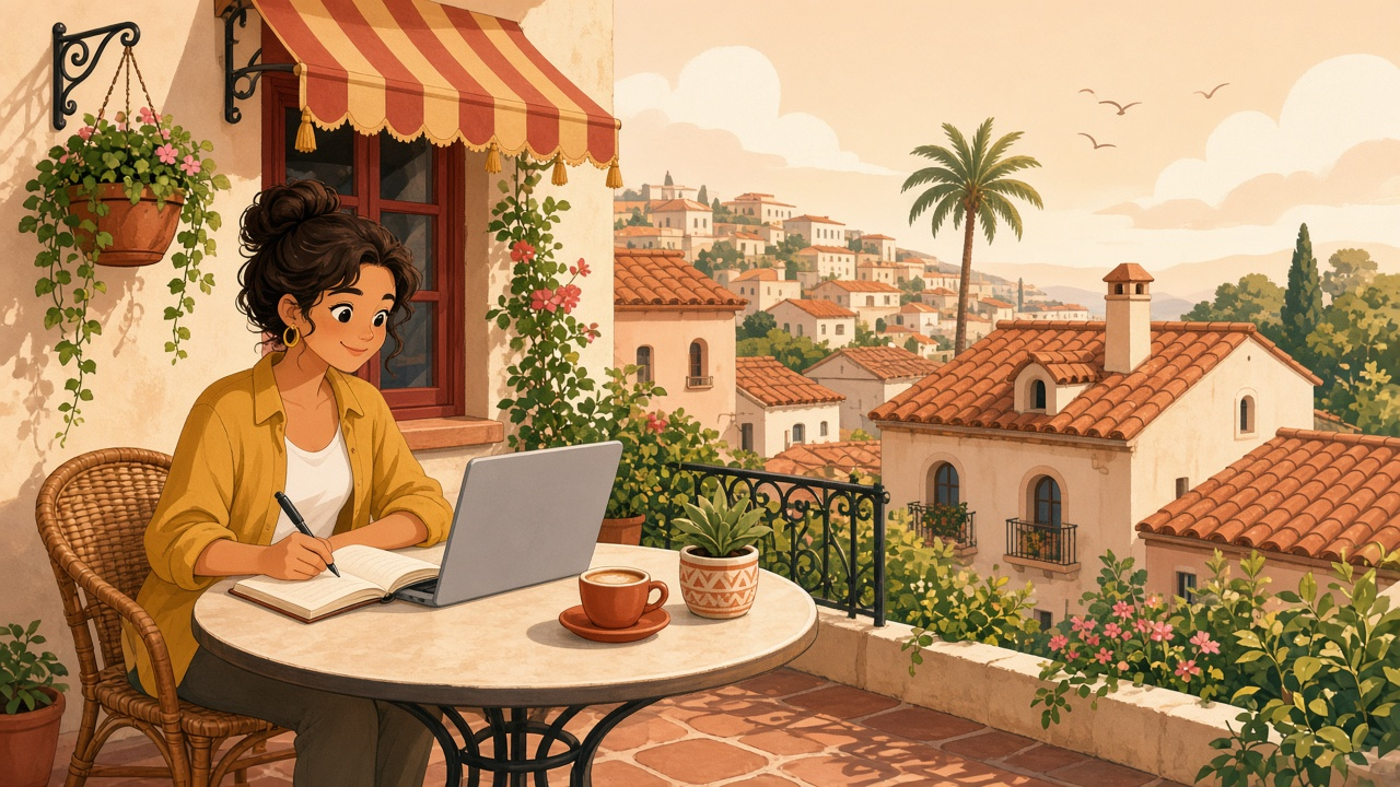 Cartoon illustration of a remote worker at a wooden desk with a laptop and green checklist, the Sagrada Familia and terracotta roofs behind him and gold coins nearby — Spain digital-nomad visa income, no brand marks