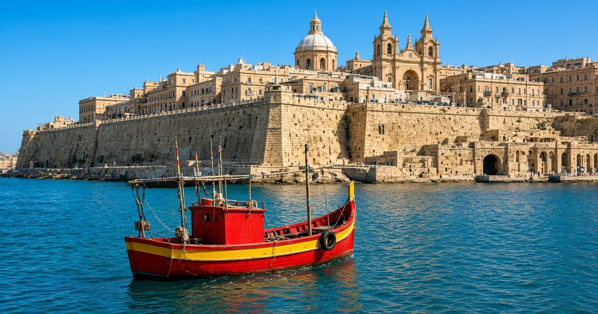 Valletta harbour with honey limestone bastions and a red Maltese fishing boat on turquoise water — Malta digital-nomad visa income